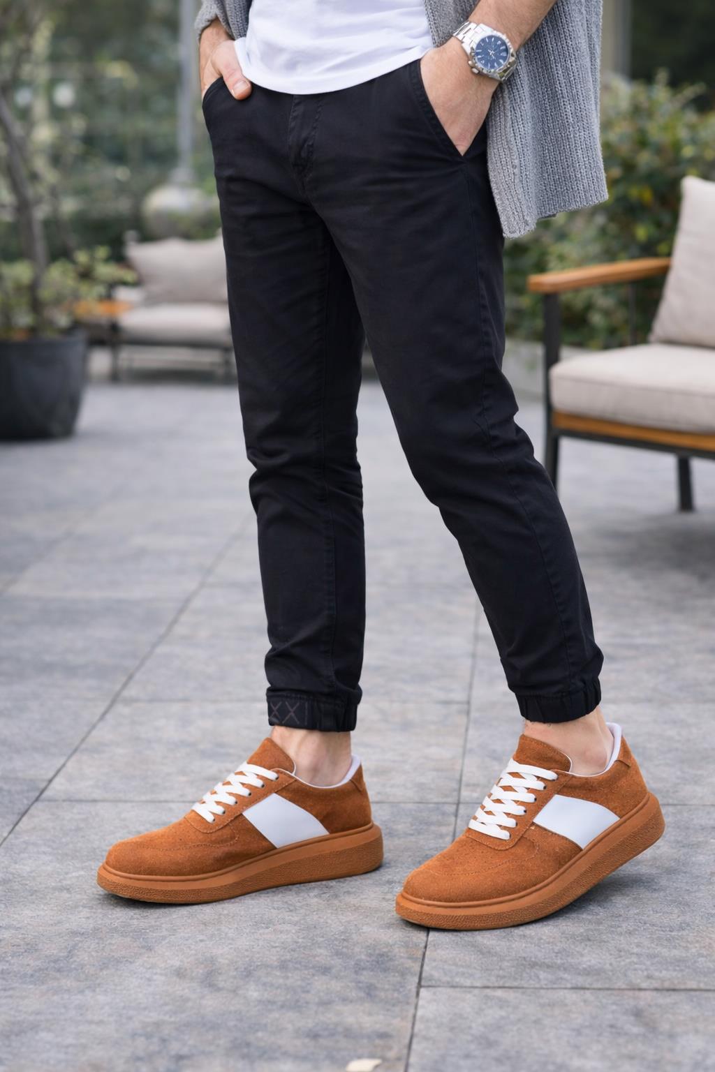 JY011 Line Erkek Günlük Bağcıklı Süet Spor Sneaker Ayakkabı STT - Taba/Beyaz
