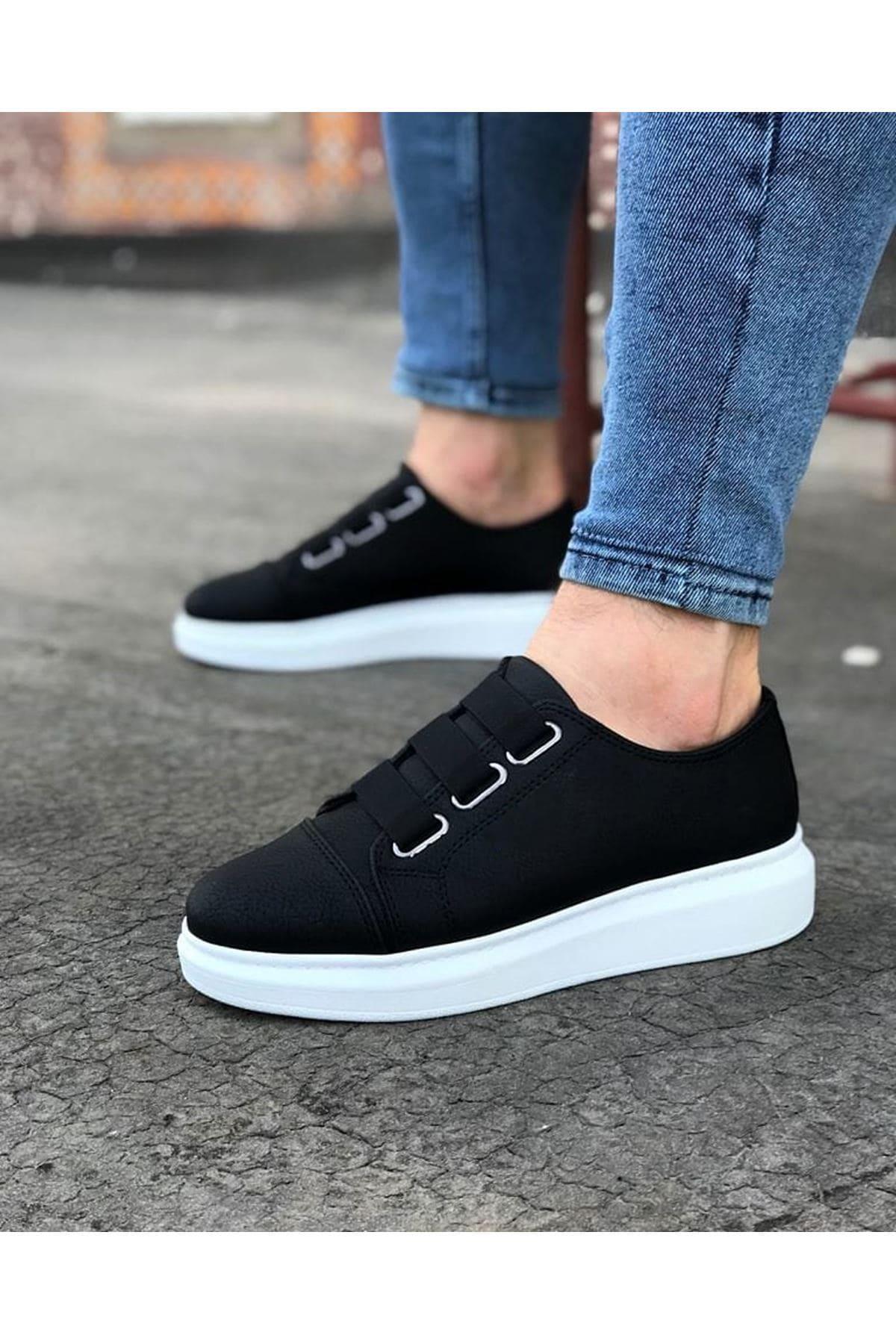 JY026 Astor Erkek Günlük Lastikli Cilt Spor Sneaker Ayakkabı CBT - Siyah