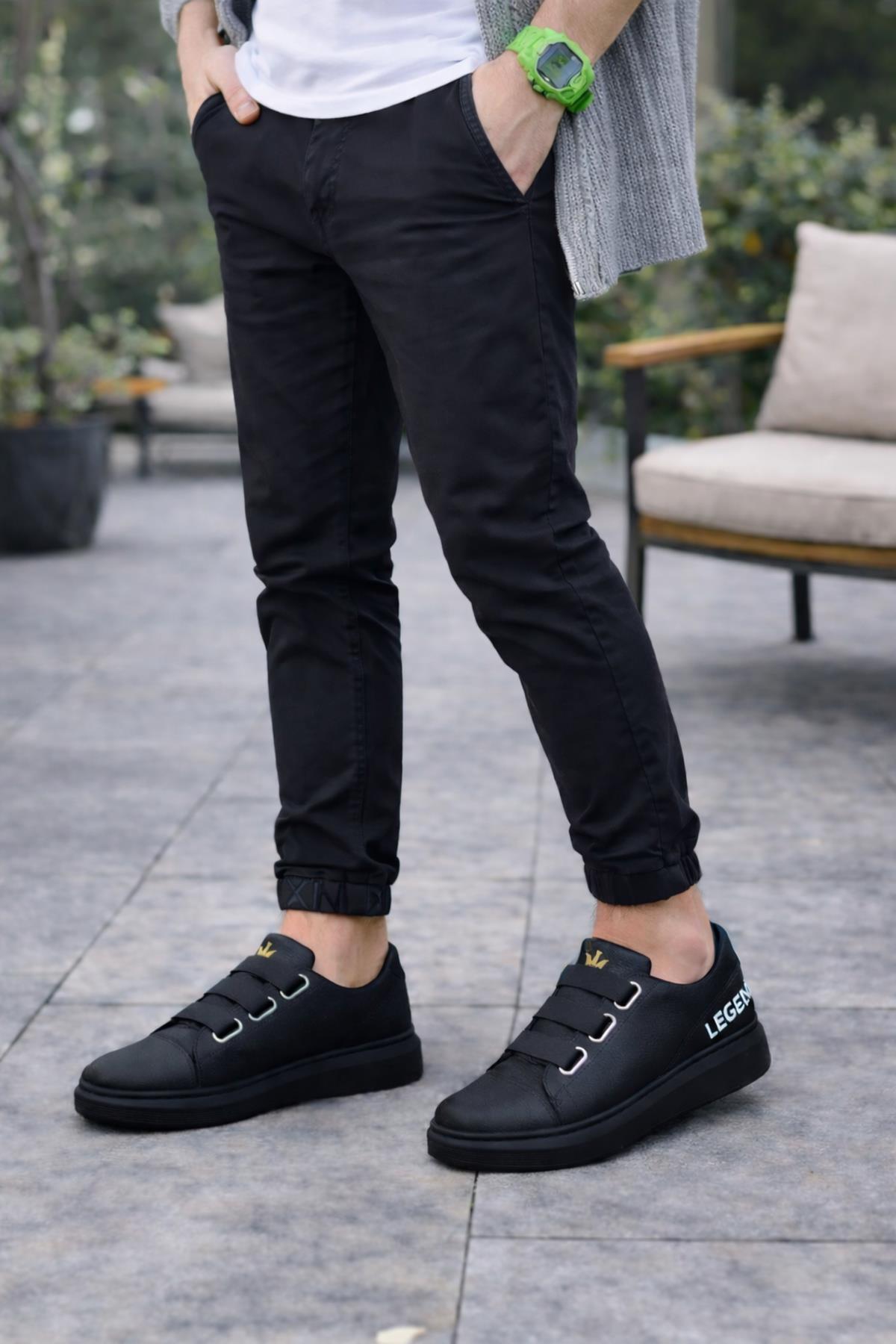JY029 Mono Bağcıksız 3 Bantlı Lastikli Legend Cilt Erkek Günlük Sneaker Ayakkabı CST - Siyah