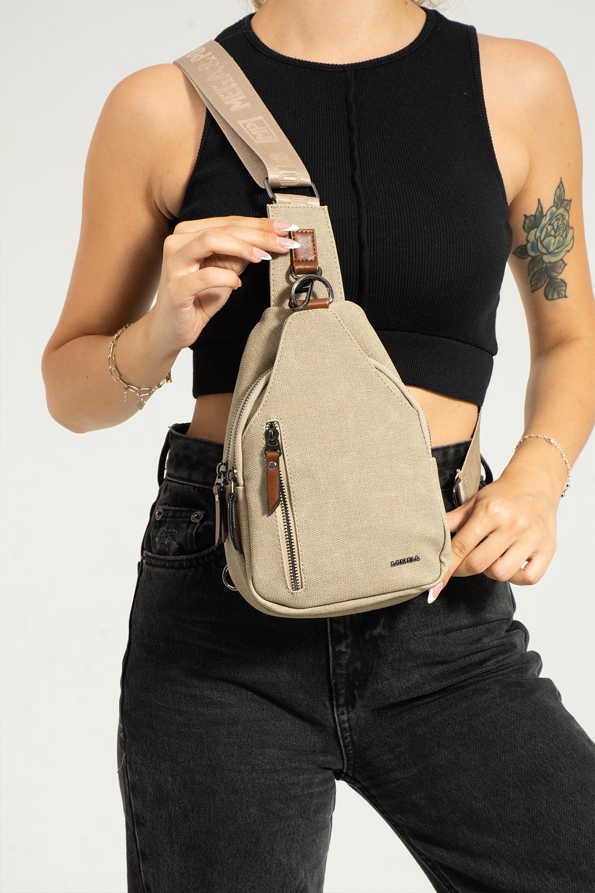 Unisex Çapraz Omuz ve Göğüs Çantası Body Bag Kanvas Çok Bölmeli Kullanışlı Keten Fermuarlı Çanta