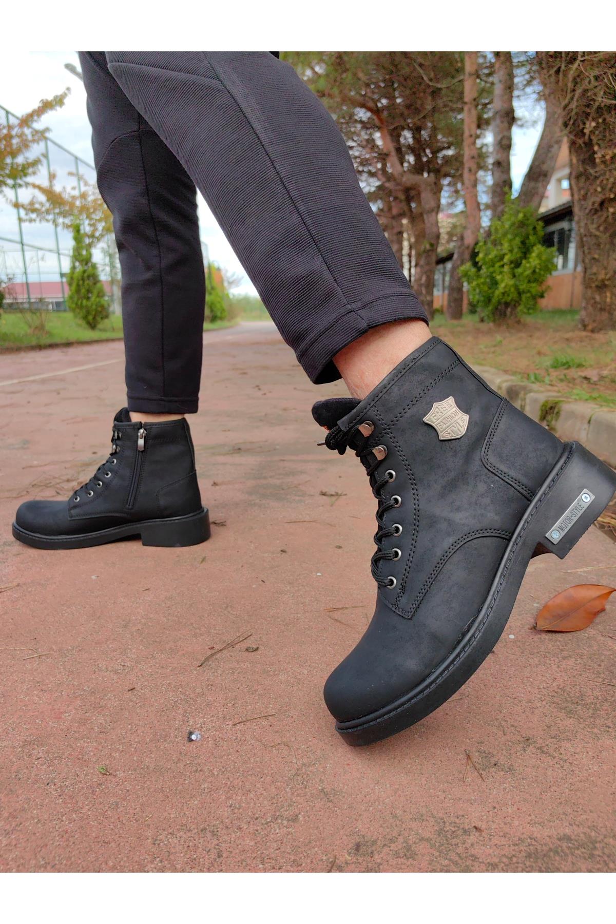 Unisex Kauçuk Kaymaz Taban Motor Style Kışlık Fermuarlı ve Bağcıklı Nubuk Bot