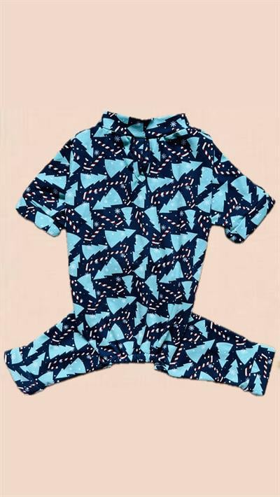 Yeniyıl Temalı Çam Ağaçlı Baston Şekerli Lacivert Köpek Tulumu