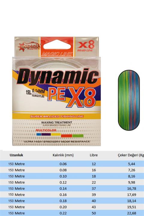 Captain Dynamic Soft PE 8 Örgü Spin İp Misina 150mt Multi Color 0,18mm
