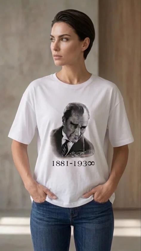 Atatürk Baskılı Tişört Kısa Kollu Bisiklet Yaka T-Shirt - Beyaz