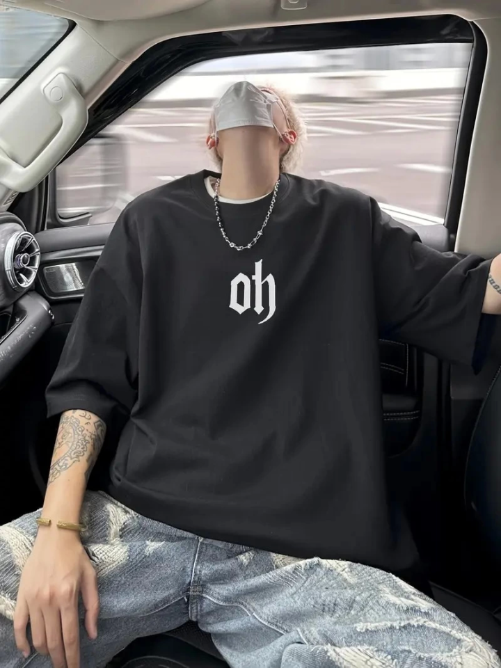 Baskılı Oversize Bisiklet Yaka T-shirt - Siyah