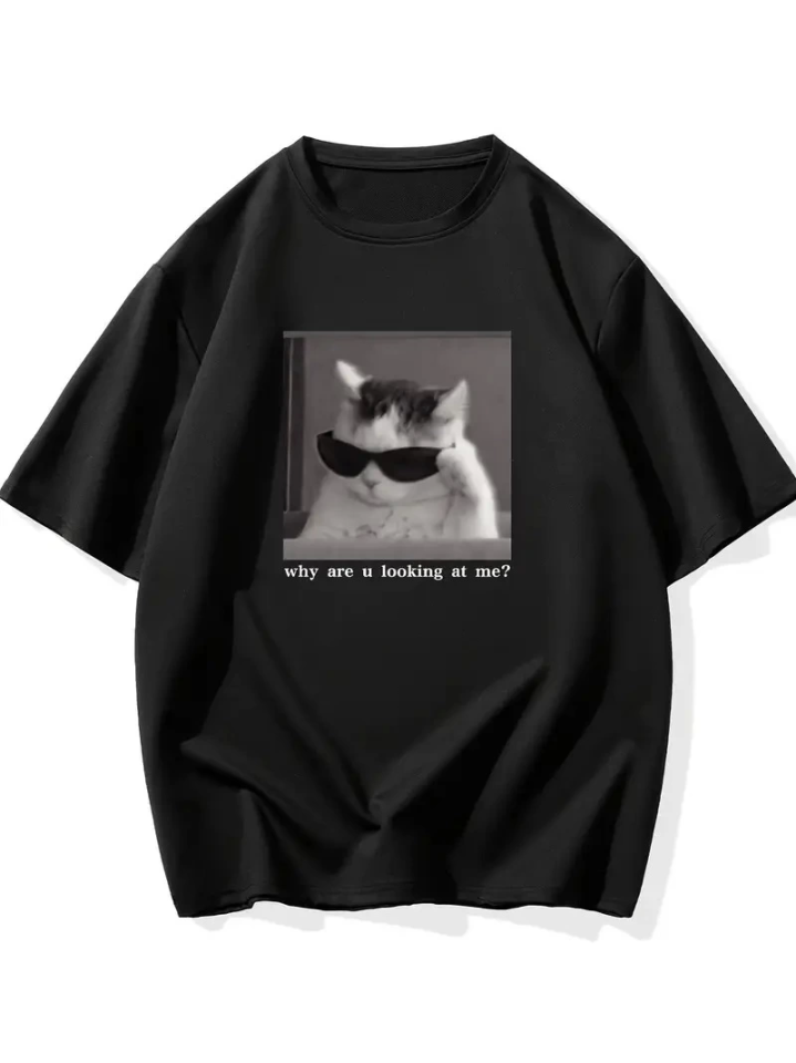 Baskılı Oversize Bisiklet Yaka T-shirt - Siyah