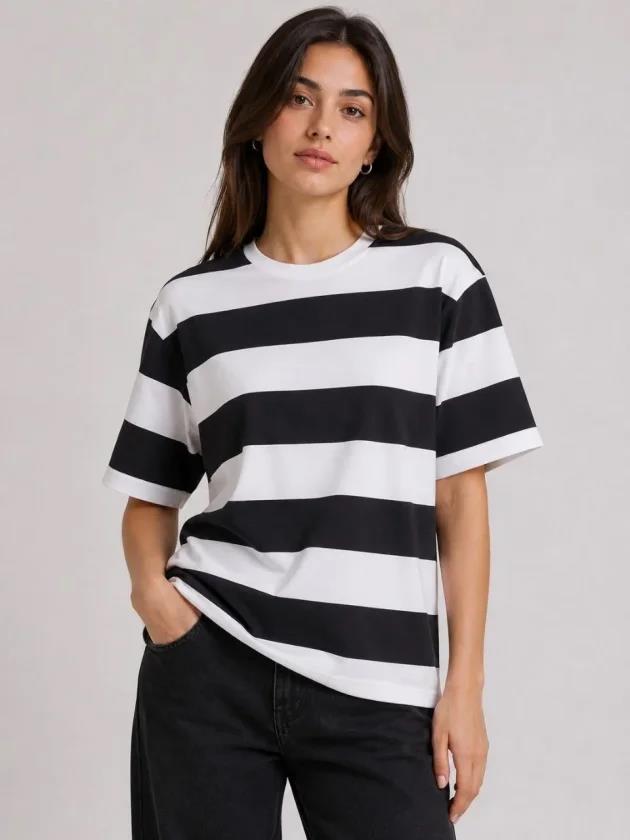 Çizgili Oversize Tişört Bisiklet Yaka Kısa Kol Yazlık T-Shirt - Siyah