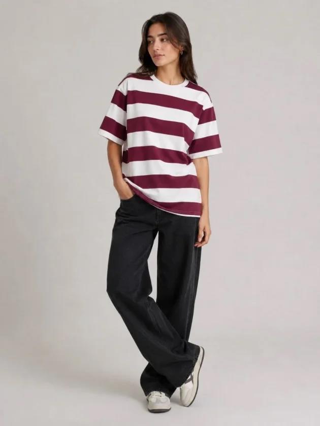 Çizgili Oversize Tişört Bisiklet Yaka Kısa Kol Yazlık T-Shirt - Bordo