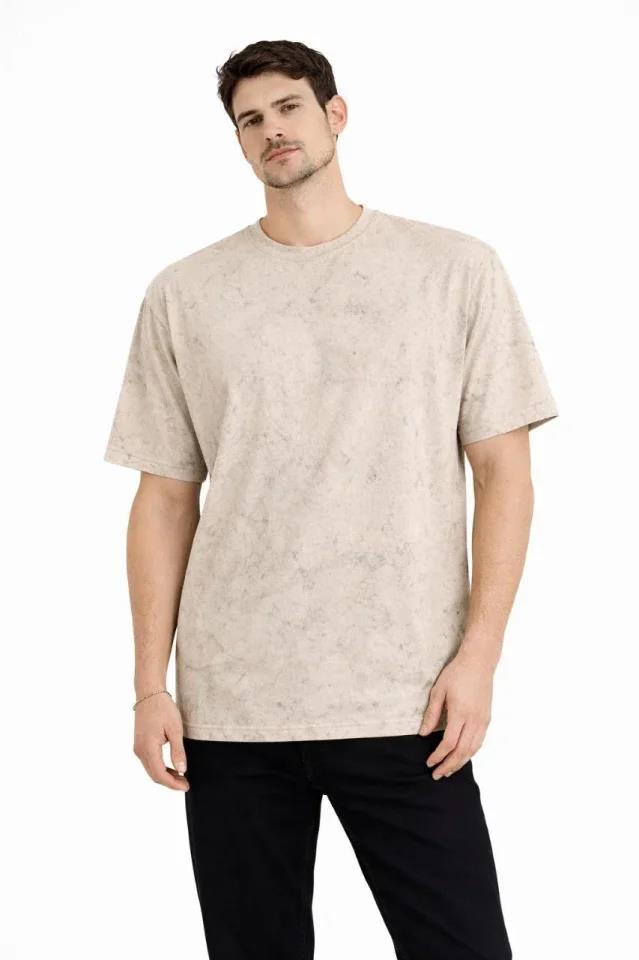 Erkek Asit Yıkama Bisiklet Yaka Kısa Kollu Oversize T-Shirt Tişört - Siyah