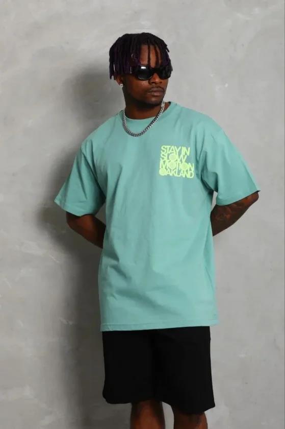 Erkek Baskılı T-Shirt Kısa Kol Bisiklet Yaka Regular Fit Rahat Kalıp Günlük Tişört - Mint Yeşili