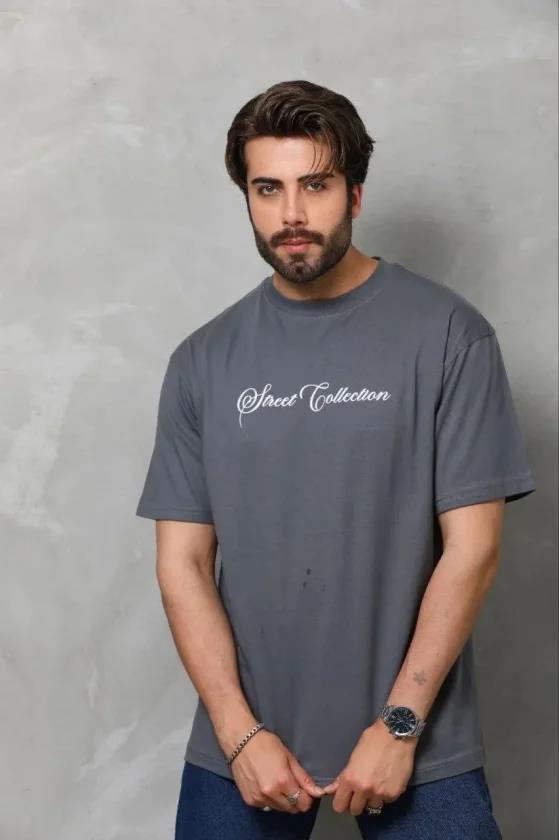 Erkek Baskılı T-Shirt Kısa Kol Bisiklet Yaka Regular Fit Rahat Kalıp Günlük Tişört - Füme