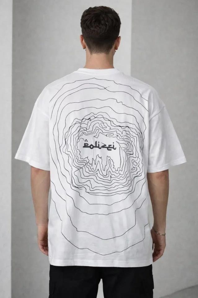 Erkek Bisiklet Yaka Baskılı Kısa Kollu Tişört Streetwear Günlük Basic Pamuklu T-shirt - Beyaz