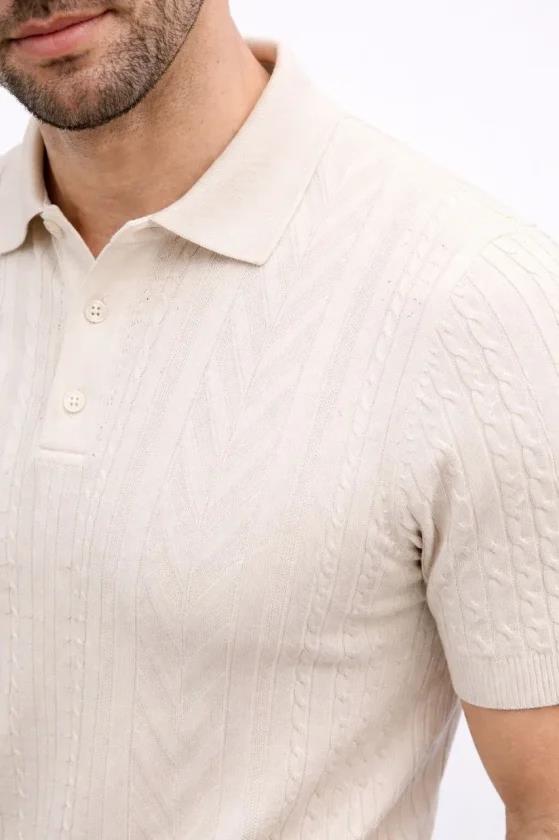 Erkek Yazlık Triko Tişört Kısa Kol Polo Yaka Düğmeli T-Shirt - Krem