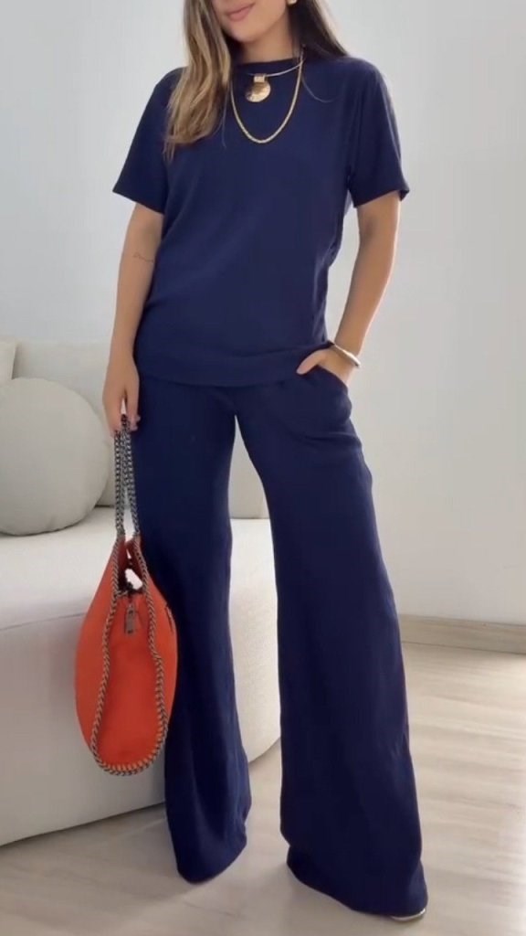 Kadın Kısa Kollu Bisiklet Yaka Viskon Iki Iplik Bluz Ve Pantolon Ikili Takım