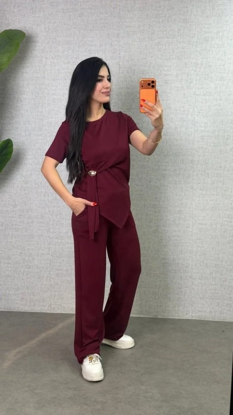 Kadın Kısa Kollu Bisiklet Yaka Yandan Toka Detaylı Viskon Iki Iplik Bluz Ve Pantolon Ikili Takım