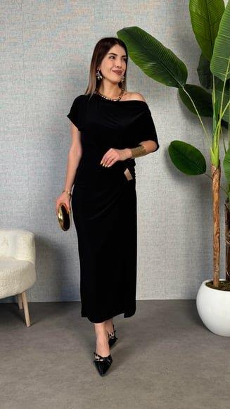 Kadın Kısa Kollu Tek Omuzdan Açık Beli Lastikli Sandy Maxi Elbise