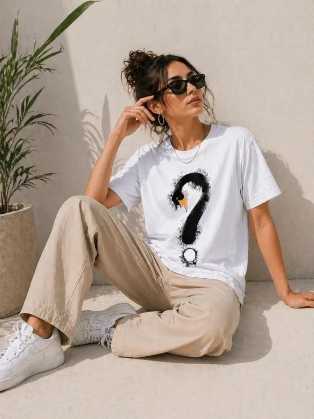 Kuğu Figürlü Soru İşareti Baskılı Tişört Kısa Kol T-Shirt - Beyaz
