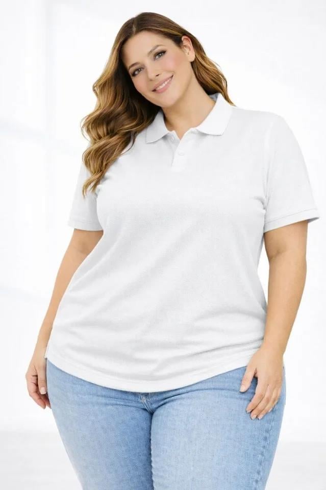 Pike Kumaş Düğmeli Yaka Battal Büyük Beden Günlük Kısa Kol Tişört T-shirt - Beyaz
