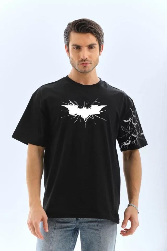 Unisex Ön Ve Kol Baskılı Oversize T-shirt - Siyah