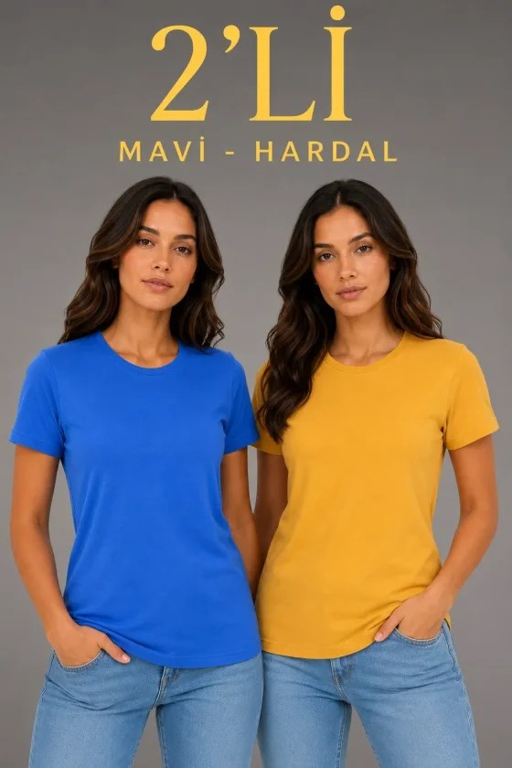 Basic Bisiklet Yaka Yazlık Slim Fit T-Shirt - Mavi - Hardal Sarısı
