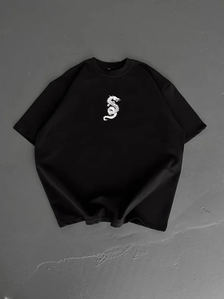 Baskılı Oversize Bisiklet Yaka T-shirt - Siyah