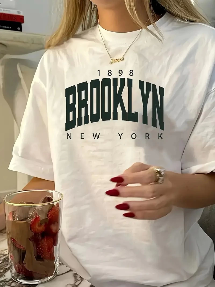 Baskılı Oversize Bisiklet Yaka T-shirt - Beyaz