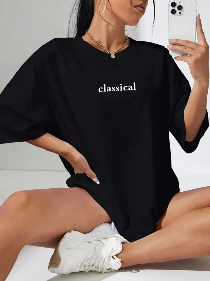 Baskılı Oversize Bisiklet Yaka T-shirt - Siyah