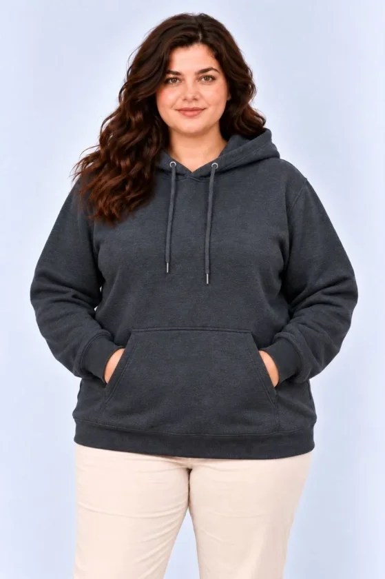 Battal Büyük Beden Üç İplik İçi Şardonlu Kapüşonlu Kanguru Cepli Kışlık Sweatshirt - Füme