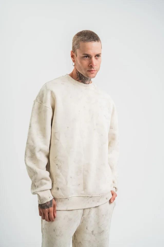 Erkek 3 İplik Pamuklu Yağ Yıkamalı Sweatshirt Double Oversize Bisiklet Yaka Uzun Kol - Krem