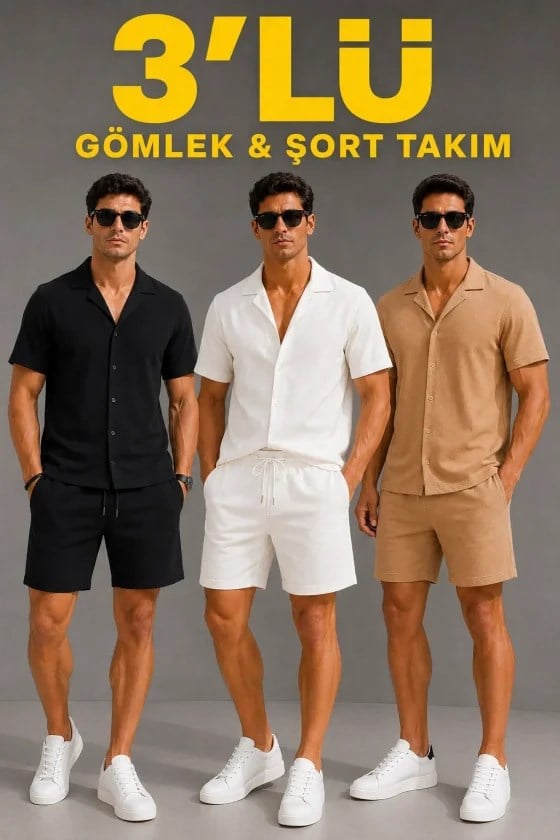 Erkek 3’lü Krep Kumaş Cepli Gömlek Şort Takım Kısa Kollu Bağcıklı - Siyah , Beyaz , Bej