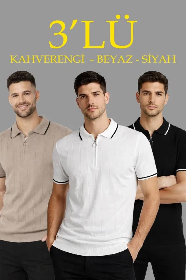 Erkek 3’lü Paket Dokuma Triko  Fermuarlı Yakalı Fitilli Kısa Kollu Regular Fit Tişört - Kahverengi, Beyaz, Siyah