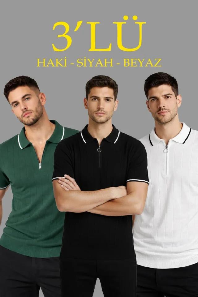 Erkek 3’lü Paket Dokuma Triko  Fermuarlı Yakalı Fitilli Kısa Kollu Regular Fit Tişört - Beyaz, Haki, Siyah