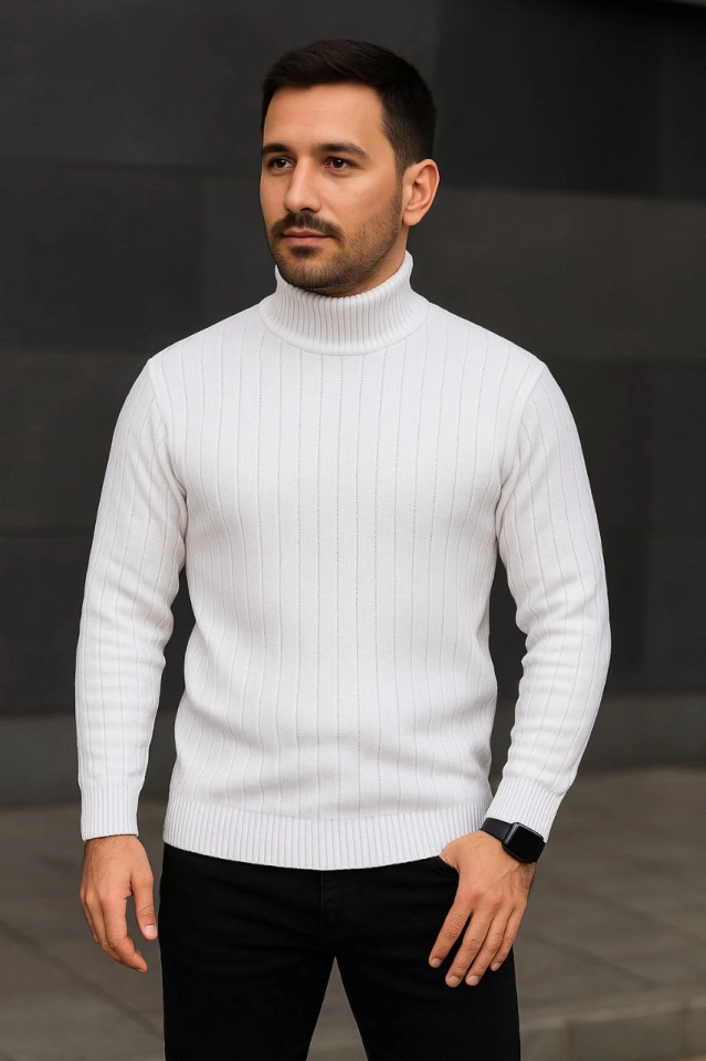 Erkek Balıkcı Yaka Bağazlı Triko Kazak Pamuklu Kalın Fitilli Dokuma, Regular Fit Uzun Kollu Kışlık Model - Beyaz