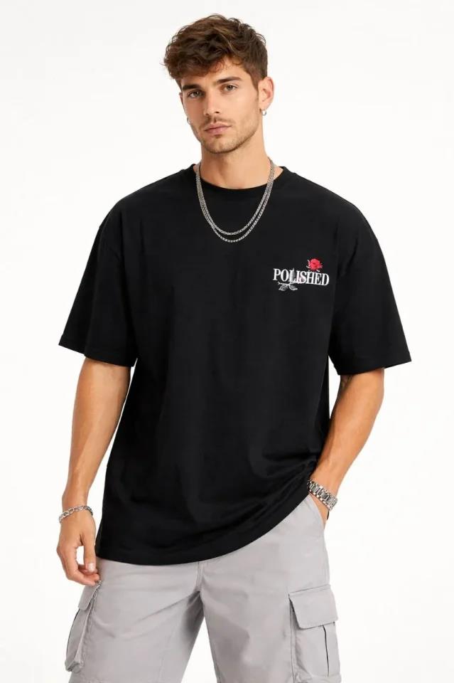 Erkek Bisiklet Yaka Baskılı  Kısa Kollu Tişört Streetwear Günlük Basic Pamuklu T-shirt - Siyah