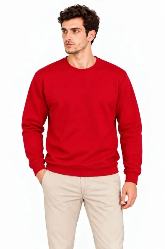 Erkek Bisiklet Yaka İçi Şardonlu 2 İplik Düz Uzun Kollu Regular Fit Sweatshirt - Kırmızı