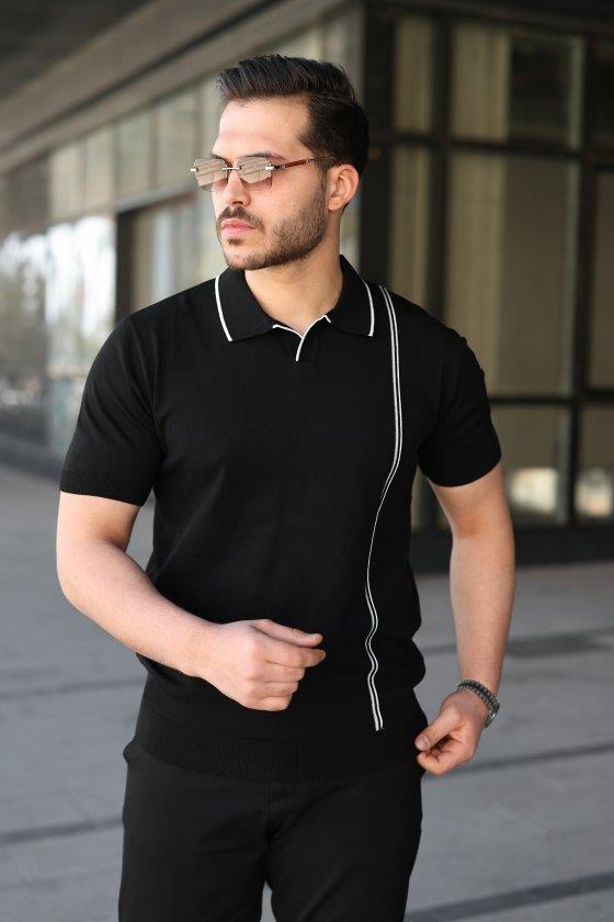 Erkek Çizgi Detaylı Yakalı Triko Tişört
