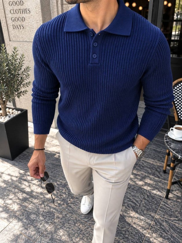 Erkek Düğmeli Gömlek Yaka Triko