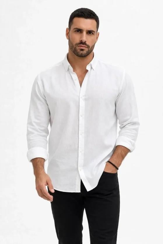 Erkek KETEN Kumaş Oversize Uzun Kollu Rahat Kalıp Gömlek - Beyaz