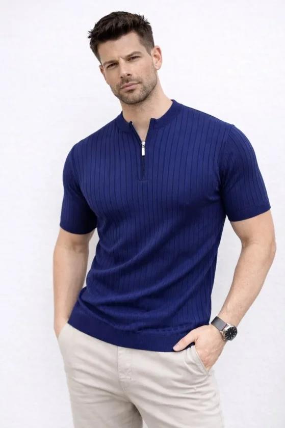Erkek Kısa Kol Fitilli Triko T-Shirt Yazlık Hakim Yaka Tişört - Lacivert