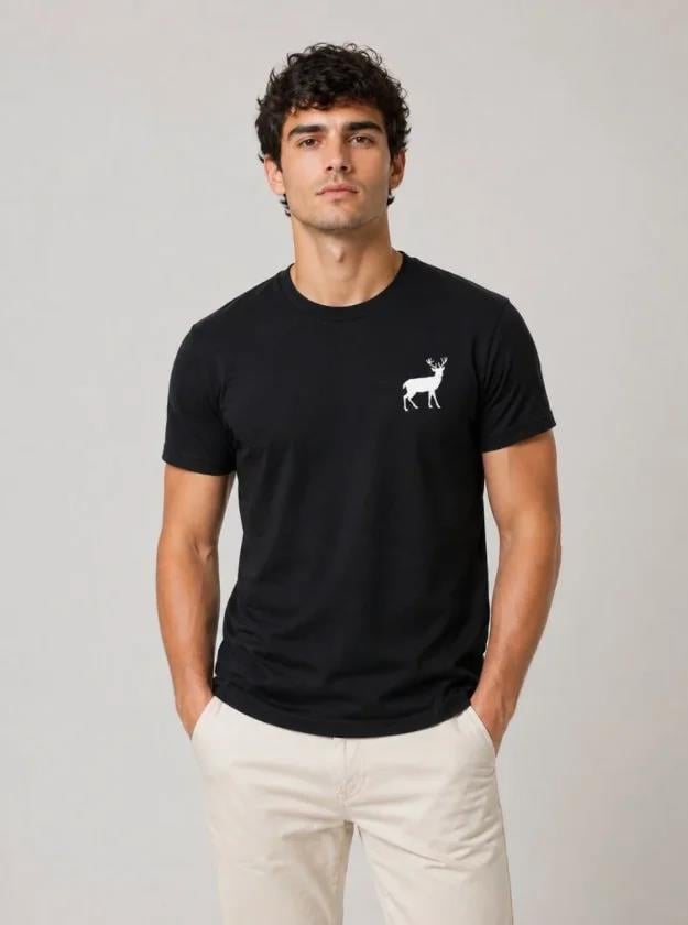 Erkek Minimal Geyik Logolu Tişört Bisiklet Yaka Kısa Kol Yazlık T-Shirt - Siyah