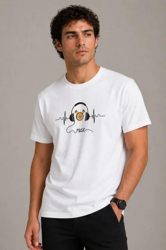 Erkek Müzik Temalı Baskılı Tişört Bisiklet Yaka Kısa Kol T-Shirt - Beyaz