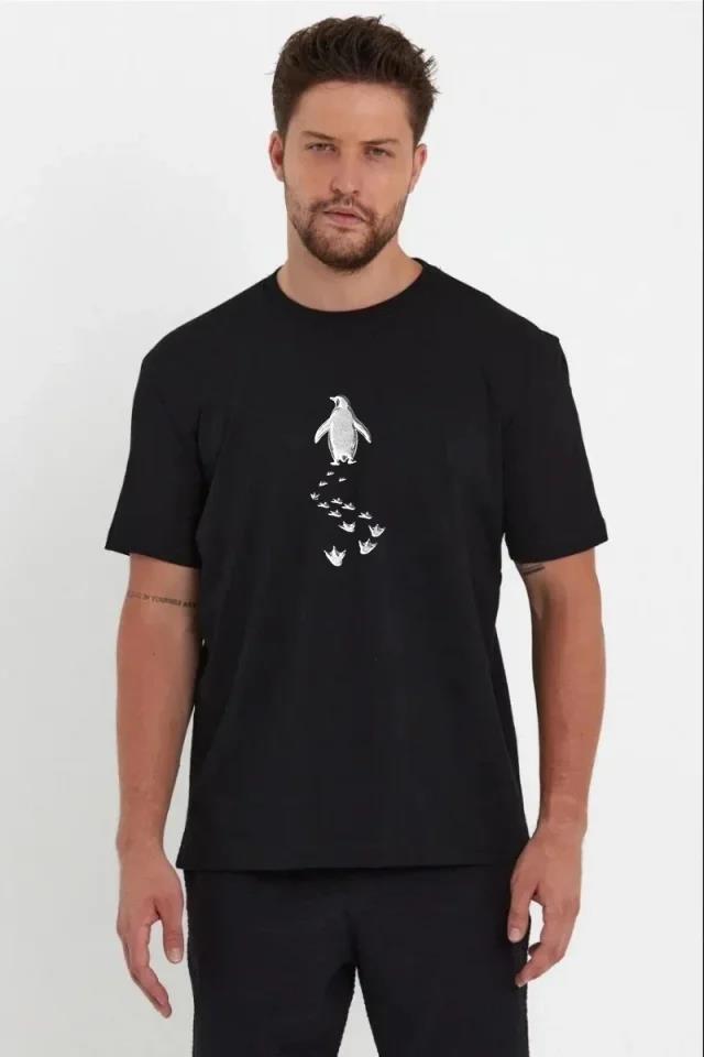 Erkek Nihilist Penguen Temalı Oversize Bisiklet Yaka Tişört - Siyah