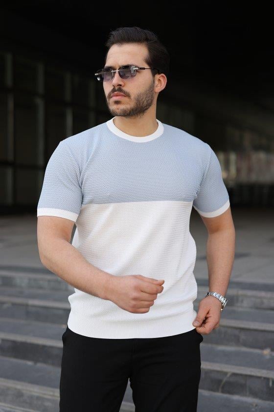 Erkek Renk Bloklu Bisiklet Yaka Kısa Kollu Triko Tişört