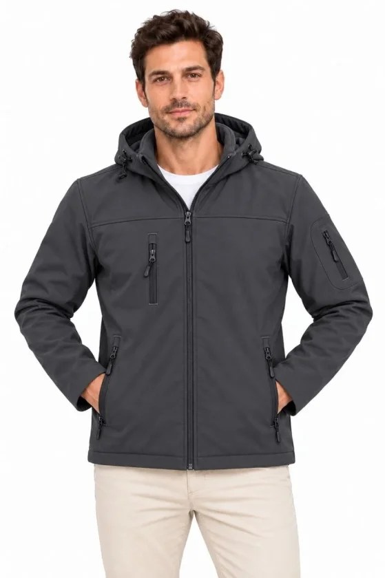 Erkek Su Geçirmez Softshell İçi Polar Astarlı Çıkarılabilir Kapüşonlu 4 Cepli Mont Ceket - Füme