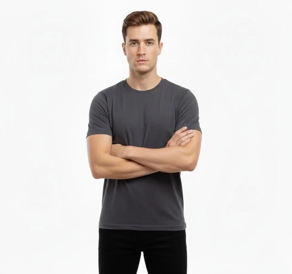 Erkek T-Shirt Bisiklet Yaka Slim Fit Dar Kesim Likralı Tişört Günlük Basic Body - Füme