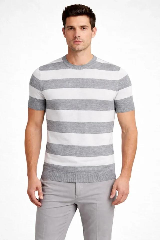 Erkek T-shirt Çizgili Triko Dokuma Bisiklet Yaka Tişört - Gri