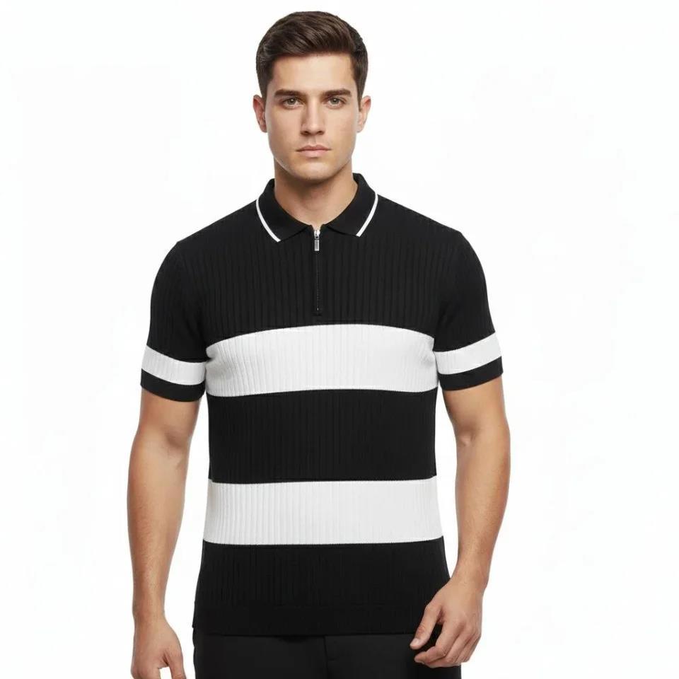 Erkek T-shirt Çizgili Triko Dokuma Kumaş Polo Yaka Yarım Fermuarlı Regular Kalıp Tişört - Siyah
