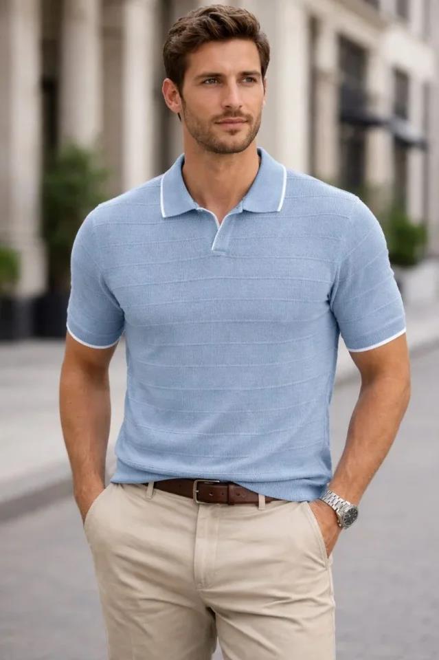 Erkek Triko Kumaş Yakalı Düğmesiz Açık Yaka Fitilli Kısa Kollu Regular Fit Tişört T-shirt - Bebek Mavisi