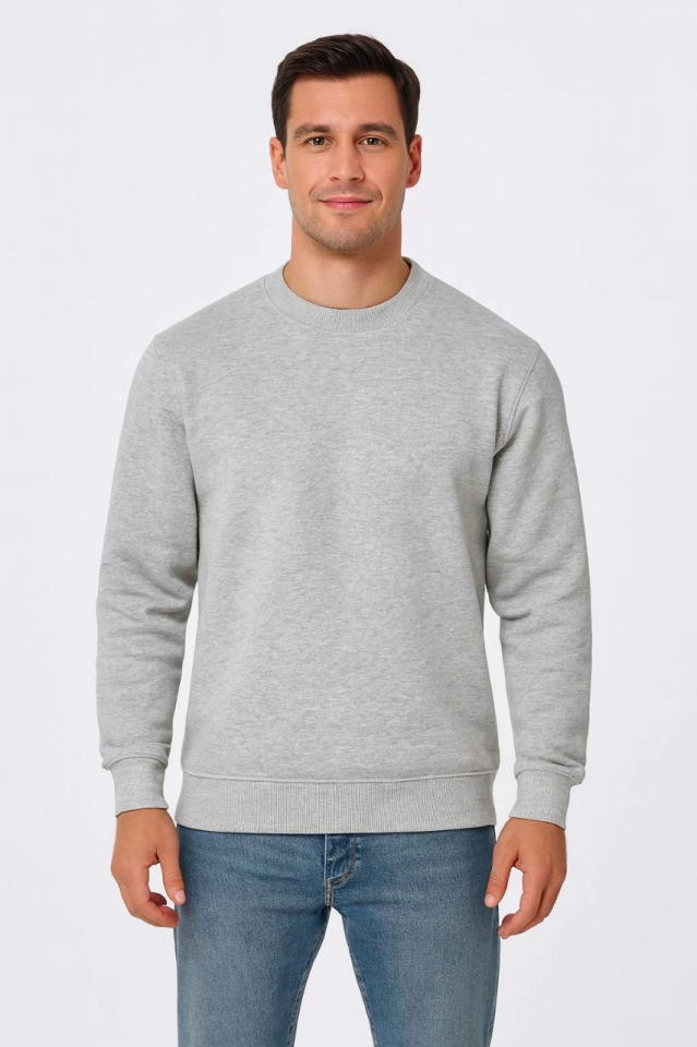 Erkek Üç İplik Düz Bisiklet Yaka SweatShirt - Gri