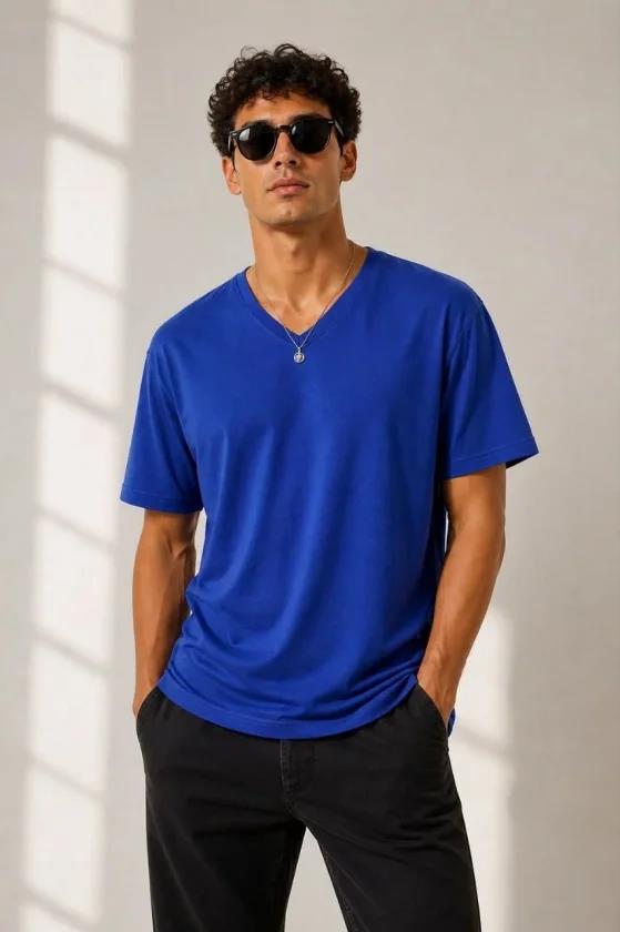 Erkek V Yaka Basic Tişört Kısa Kol Yazlık Regular Fit T-Shirt - Saks Mavisi